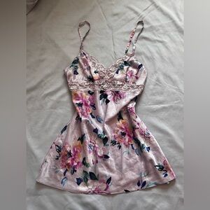 Floral Satin Babydoll Slip Lingerie with Lace – Medium